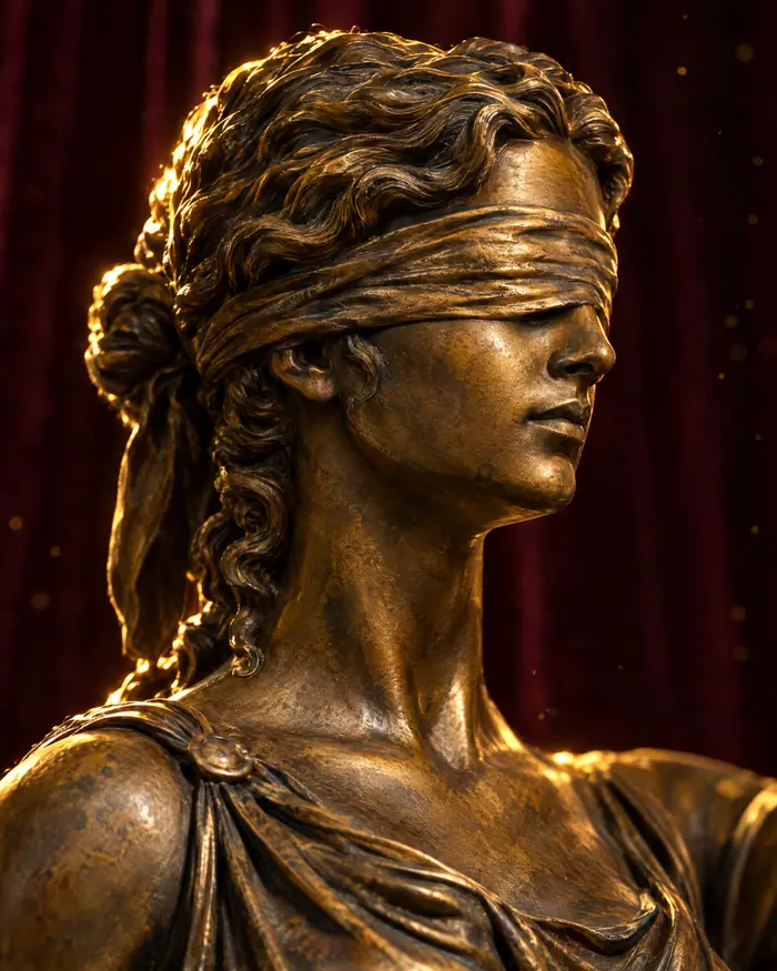 Visage d’une statue de la Justice en bronze, les yeux bandés, sur fond de velours bordeaux